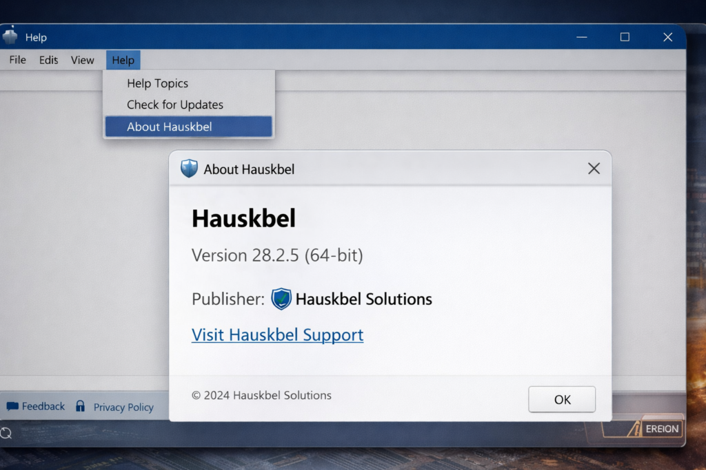 Screenshot: App Help > About menu showing version and publisher details