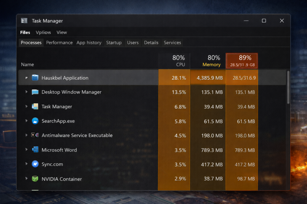 Screenshot: Task Manager CPU and memory usage view